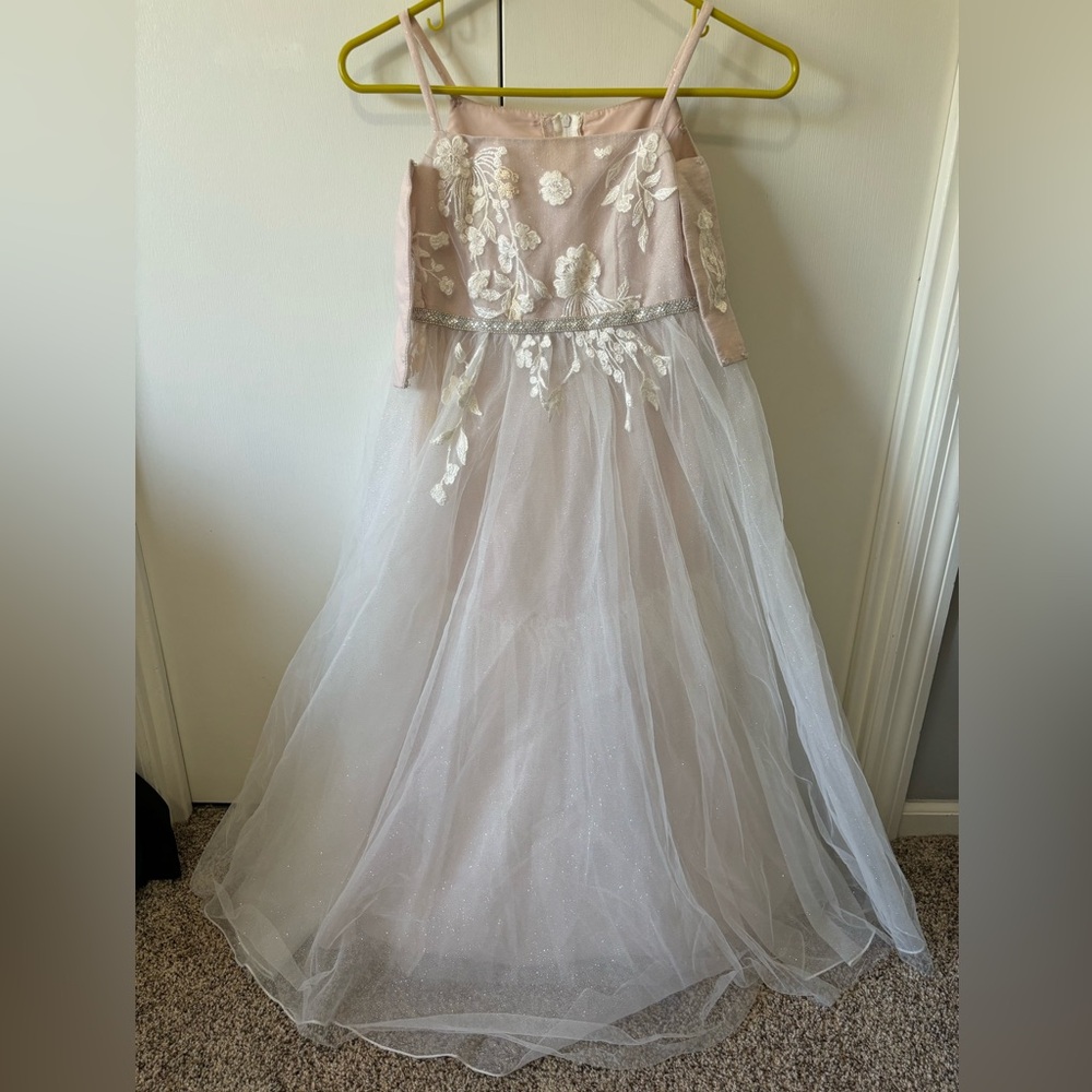 Blush pink and white sparkly youth girls flower girl dress